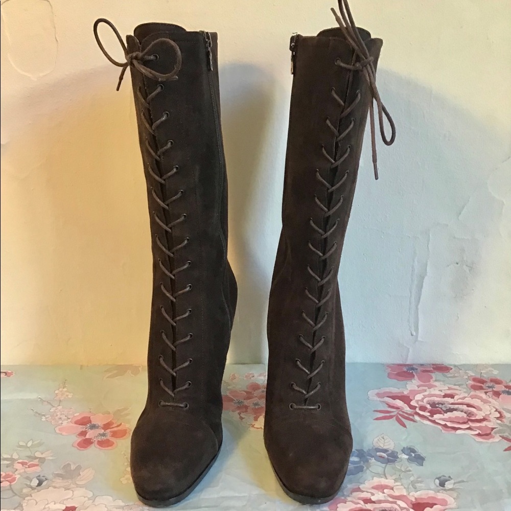 Prada Brown Suede Lace Up High Heel Boots